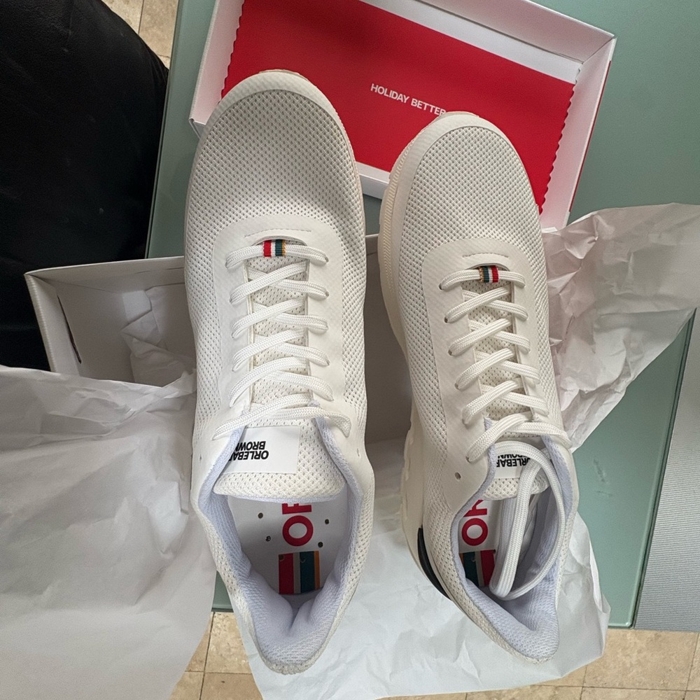 Orlebar Brown White Mesh Sneakers with Red and Green Stripe